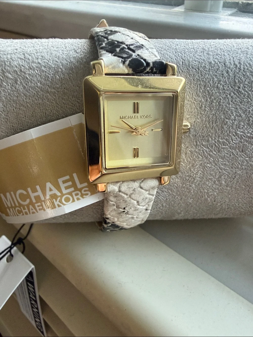 Michael Kors Gold-Tone Square Face Watch with Black & White Snake-Print Strap